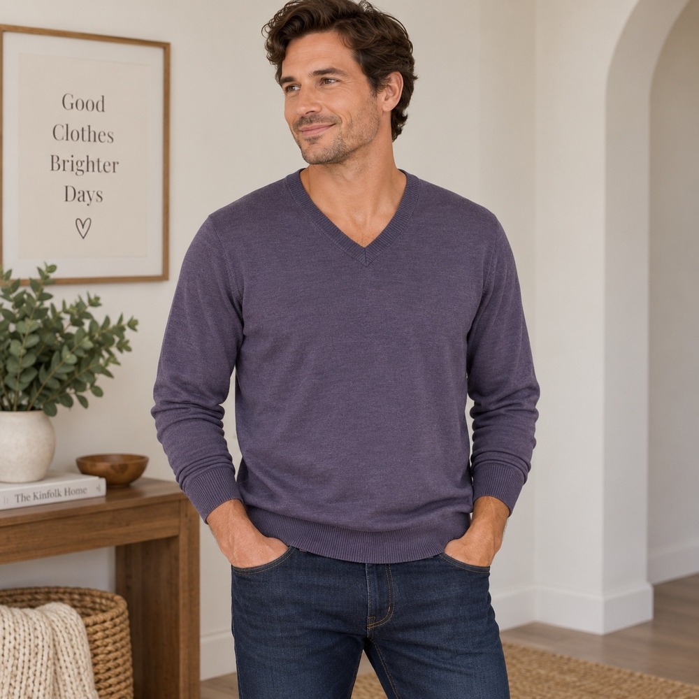 Banana Republic Sweater Men's XL Extra Fine Merino Wool V-Neck Pullover Purple